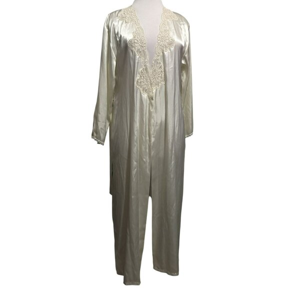 Jones New York Ivory Satin Lace Trimmed Wrap Robe Sz XS/S Maxi Bridal Pockets - Picture 2 of 7